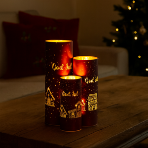 Lyslykt med LED-lys og gullfarget pepperkakehus-design