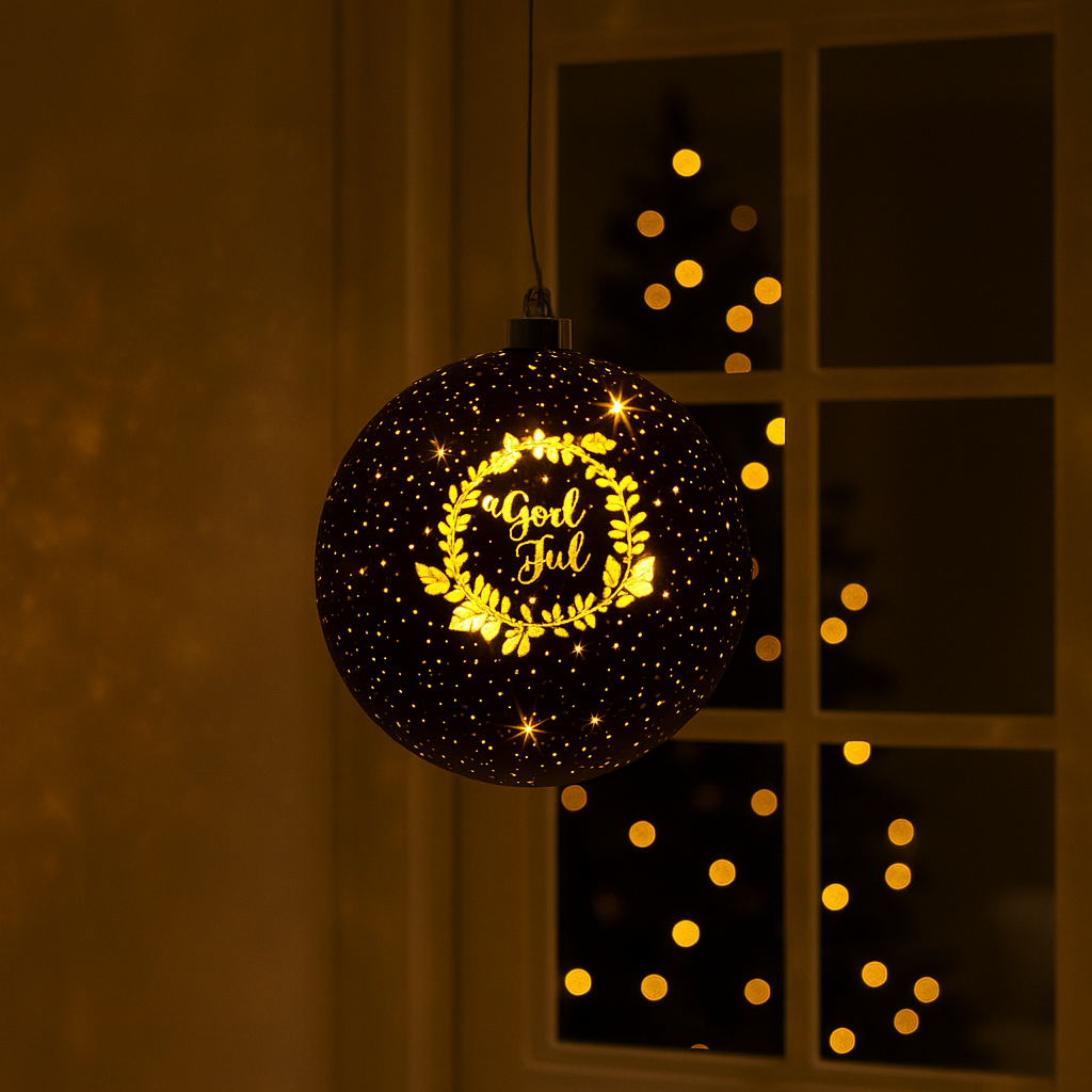 Hengende julelykt med kransmotiv og varm glød