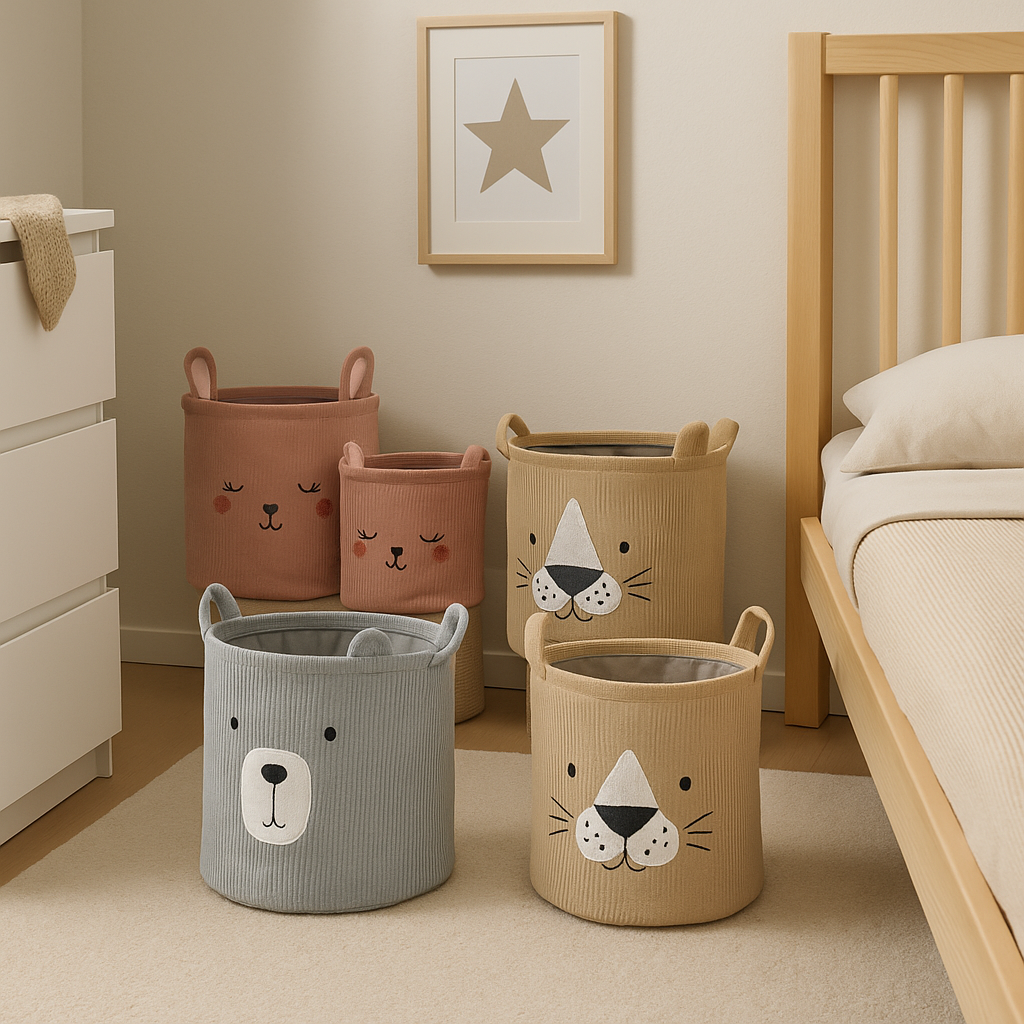 To oppbevaringskurver i cordstoff med dyremotiv – bjørn, katt og kanin