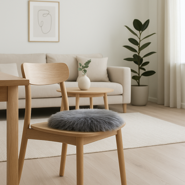 Grått sitteunderlag i kunstig saueskinn (Ø35 cm) plassert på en spisestuestol i en lys, nordisk stue med spisebord i tre og minimalistisk interiør.
