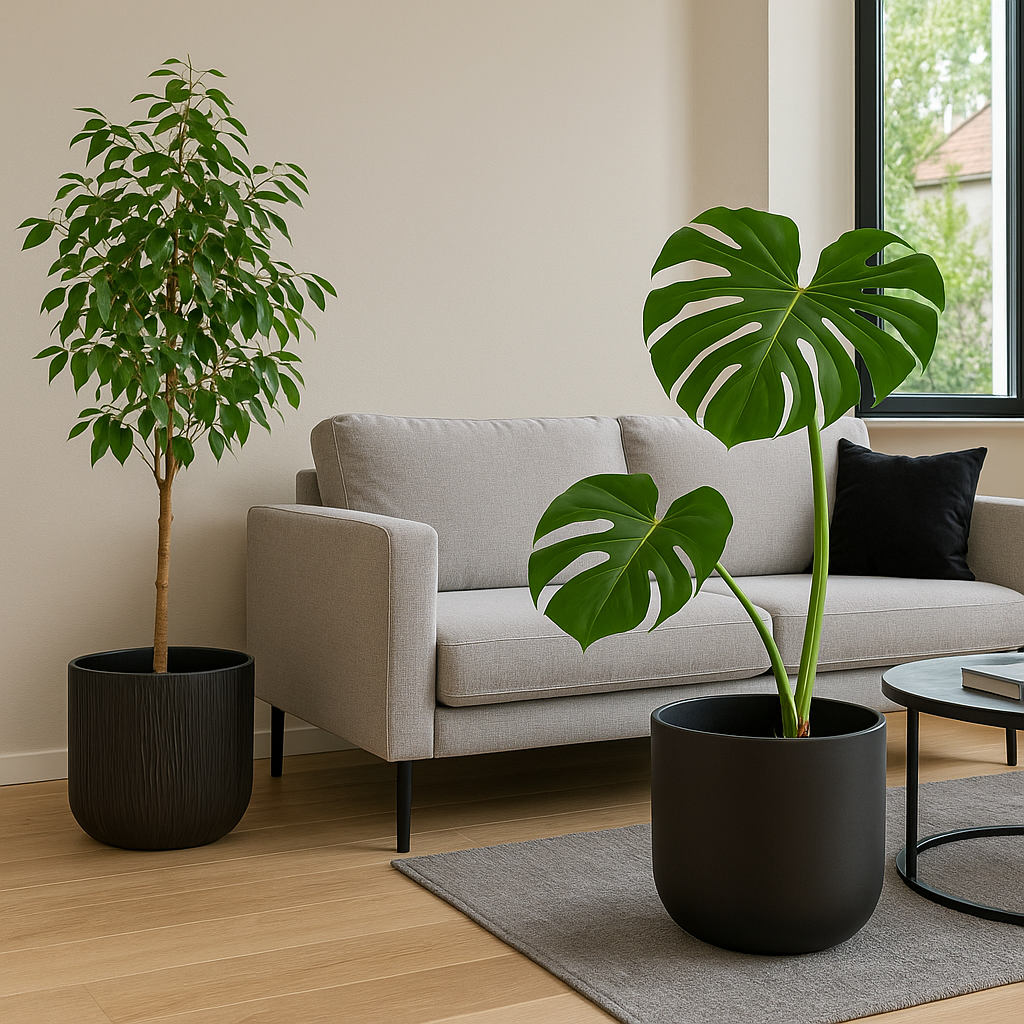 Sort keramisk blomsterpotte med glatt overflate, Ø26,5 cm, plassert på nøytral bakgrunn.