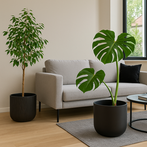 Sort keramisk blomsterpotte med glatt overflate, Ø26,5 cm, plassert på nøytral bakgrunn.