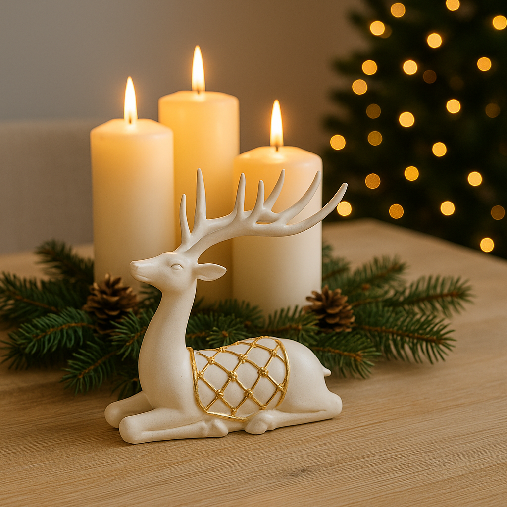 Elegant hvitt reinsdyr med gullrutet dekor, brukt som julepynt i moderne interiør.