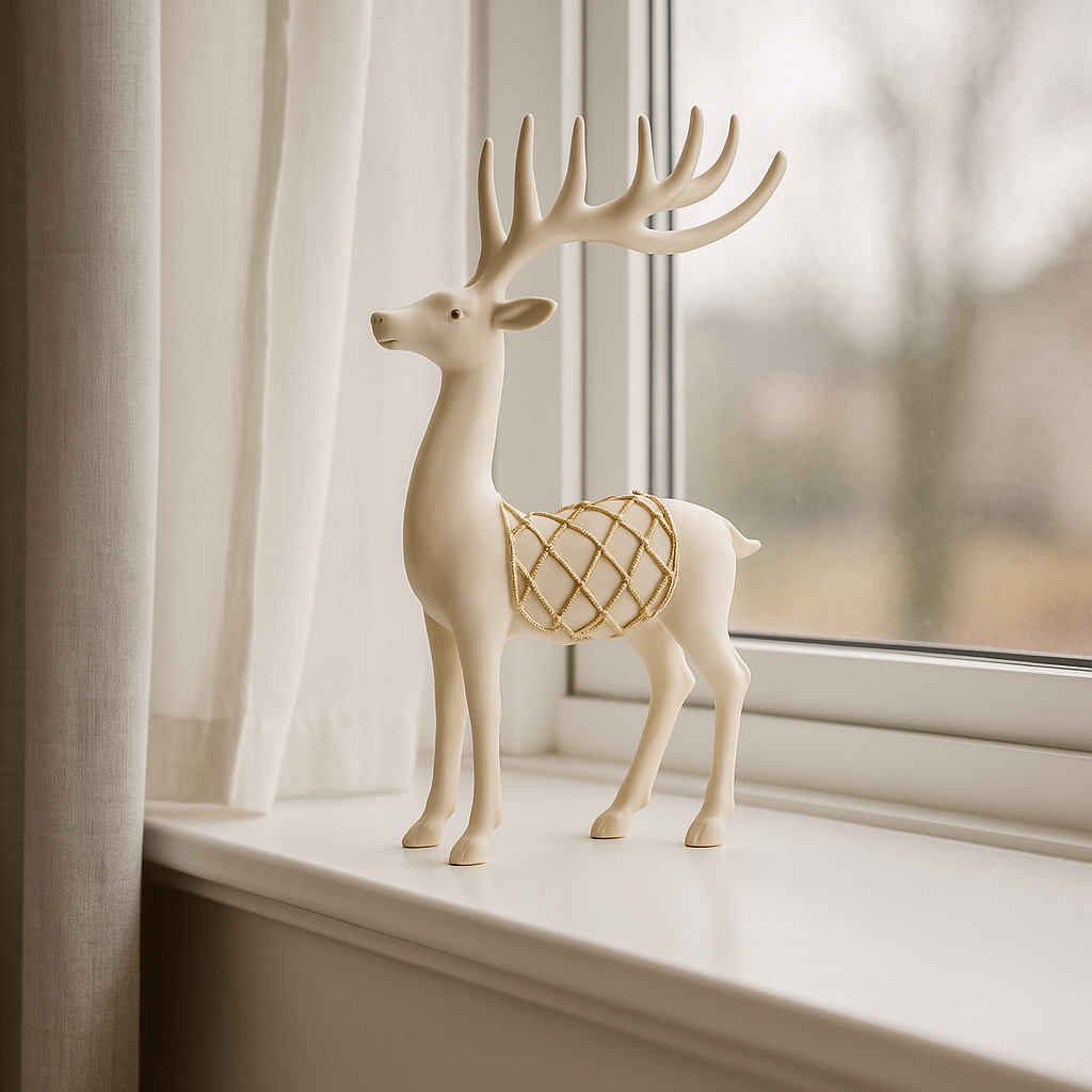 Polyresin reinsdyr i hvitt med gullrutet dekor, stående figur brukt som julepynt, kvadratisk produktfoto.