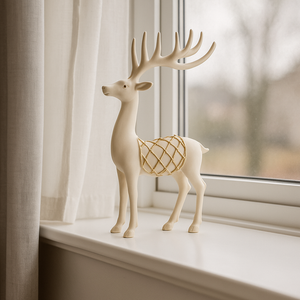 Polyresin reinsdyr i hvitt med gullrutet dekor, stående figur brukt som julepynt, kvadratisk produktfoto.