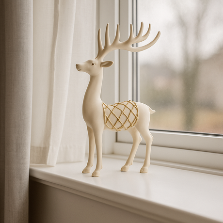 Polyresin reinsdyr i hvitt med gullrutet dekor, stående figur brukt som julepynt, kvadratisk produktfoto.