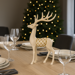 Stående reinsdyrfigur i hvitt med gullrutet mønster, 33 cm, plassert på nøytral bakgrunn – produktfoto for nettbutikk.