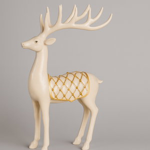 Elegant hvitt reinsdyr med gullmønster og store gevir, dekorativ julefigur, 33 cm høy.