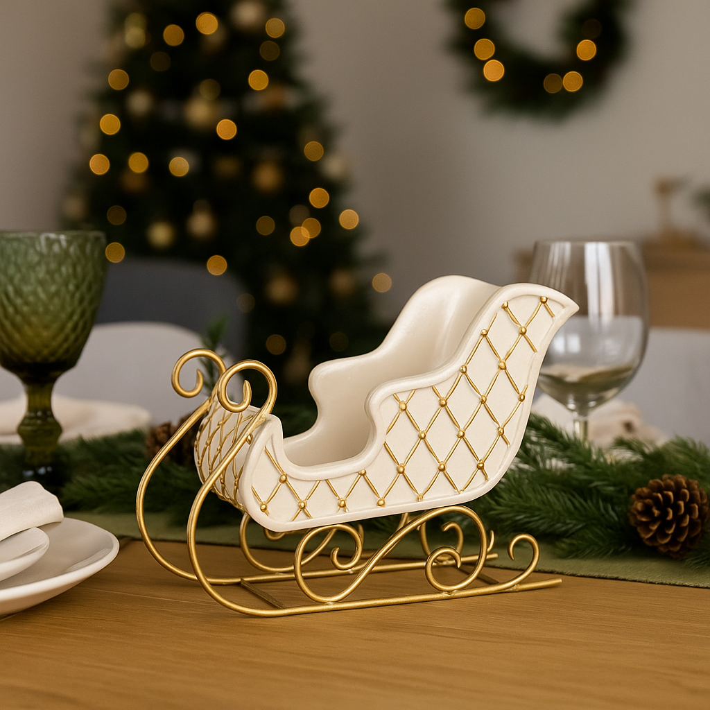 Julepynt i form av hvit slede med gullmønster, brukt som borddekorasjon foran et juletre med lys og kuler.
