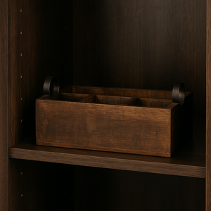 Mørk brun krydderboks i tre med metallhåndtak, plassert inne i et kjøkkenskap på en trehylle.
