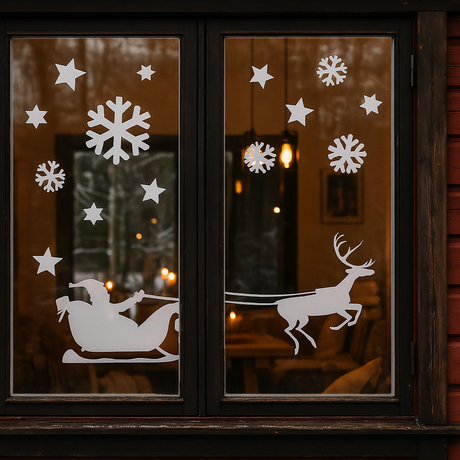 Rustikt rødt hus med store vinduer dekorert med hvite julesjablonger – inkludert snøfnugg, stjerner og reinsdyr – som skaper en koselig og vinterlig stemning.