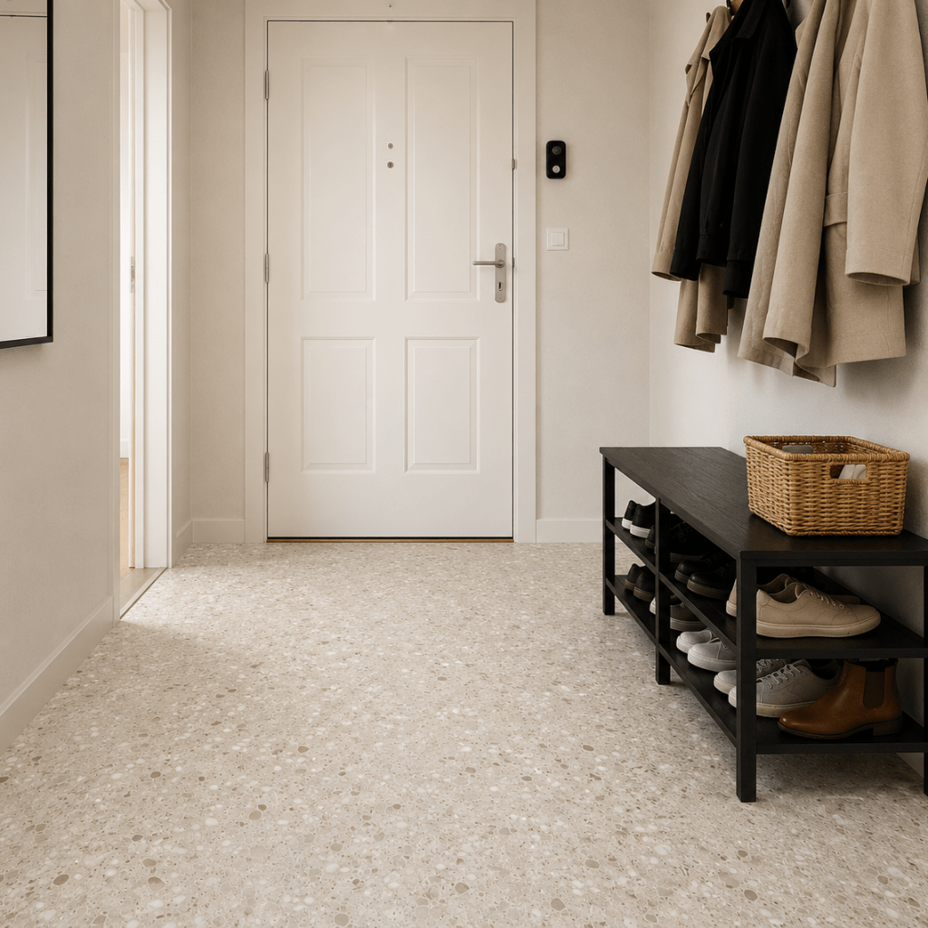 Lys og moderne gang med Sahara beige selvklebende fliser på gulvet. - Lindas dekor 