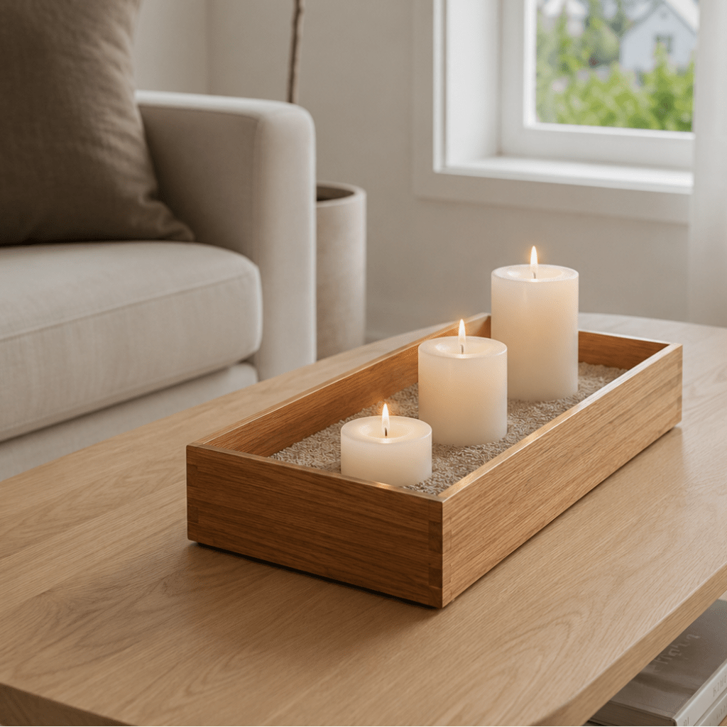 Avlangt organiseringsbrett i akasietre med sand og tre tente stearinlys på et stuebord i en lys, nordisk stue. - Lindas Dekor 