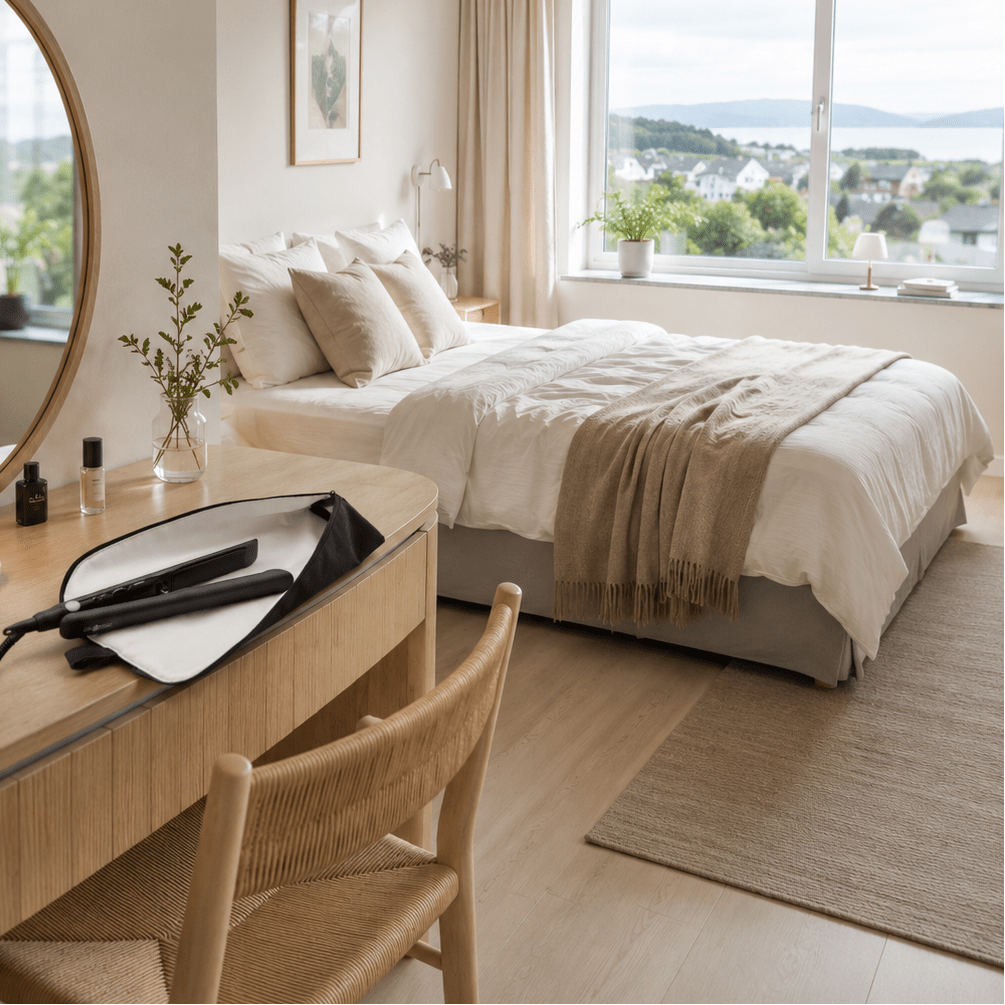 Hårtånghållare som använts på sminkbord i lyst nordiskt sovrum, med stylingverktyg förvarade i etuiten.