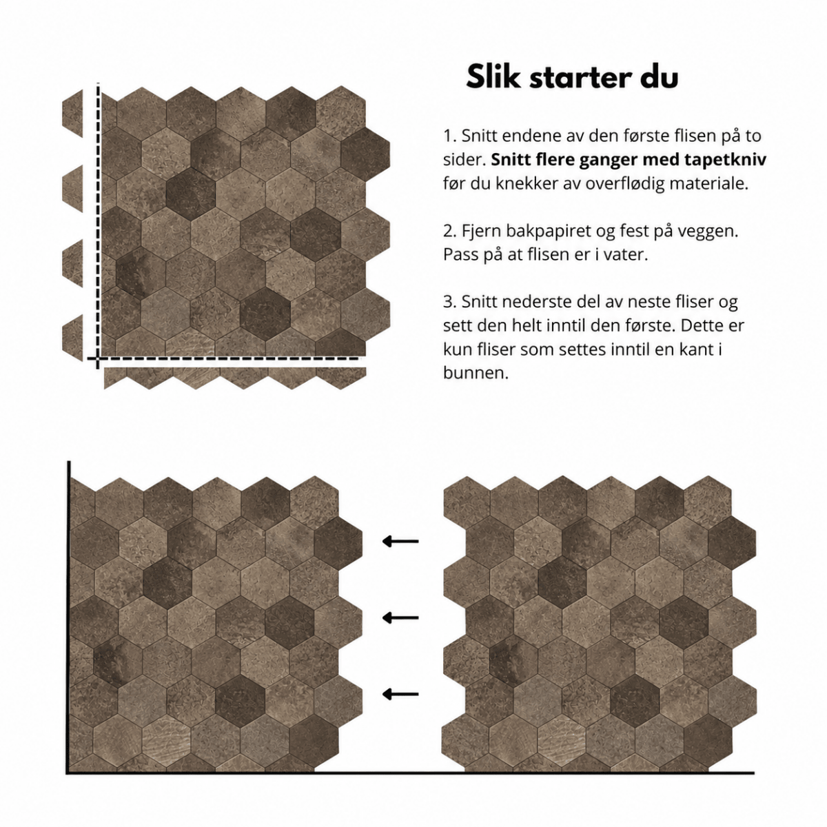 10-pk Hexagon brun betong selvklebende veggfliser - Lindas Dekor Veggfliser