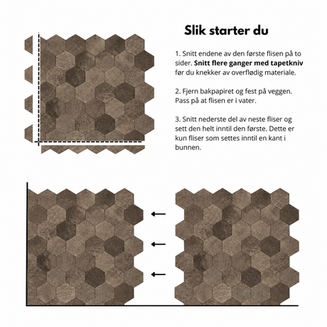 10-pk Hexagon brun betong selvklebende veggfliser - Lindas Dekor Veggfliser