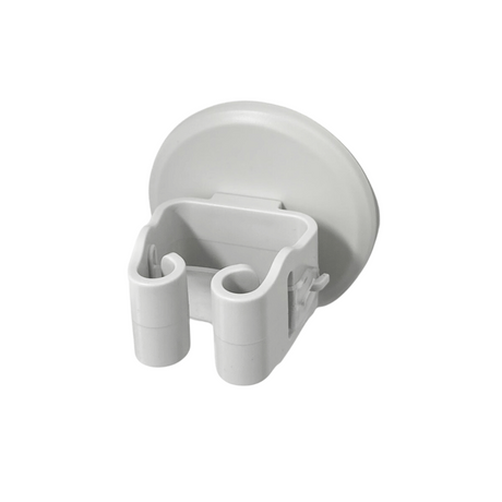 Nærbilde av en hvit moppeholder med sugekopp for veggmontering, sett fra skrå vinkel.