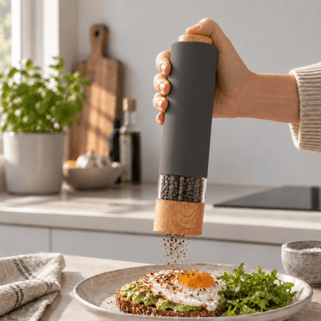 Elektrisk krydderkvern i grå antrasitt med trestruktur, brukt til å kverne pepper over mat.