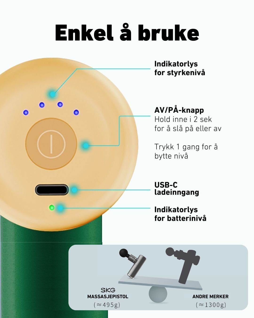 Massasjepistol SKG F3-EN med brukervennlig knapp og indikatorlys