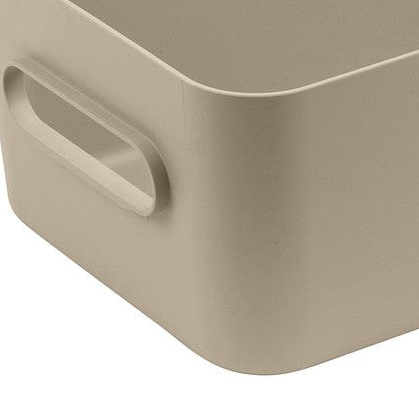 Beige oppbevaringsboks med håndtak til skap og hyller
