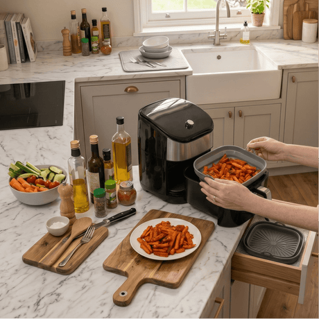 Grått sammanläggbart silikoninsats för airfryer 22 x 22 cm fylld med krispiga sötpotatisfryer på ett ljust kök med airfryer och köksutrustning
