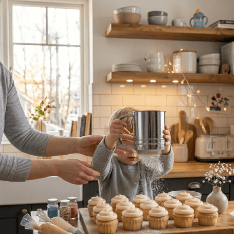 Mjölsikt av rostfritt stål som används till att strö melis över nybakade kanelbullar på en rost i ett modernt kök.
