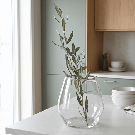 Kunstig olivenkvist 50 cm i klar glassvase på lys kjøkkenbenk