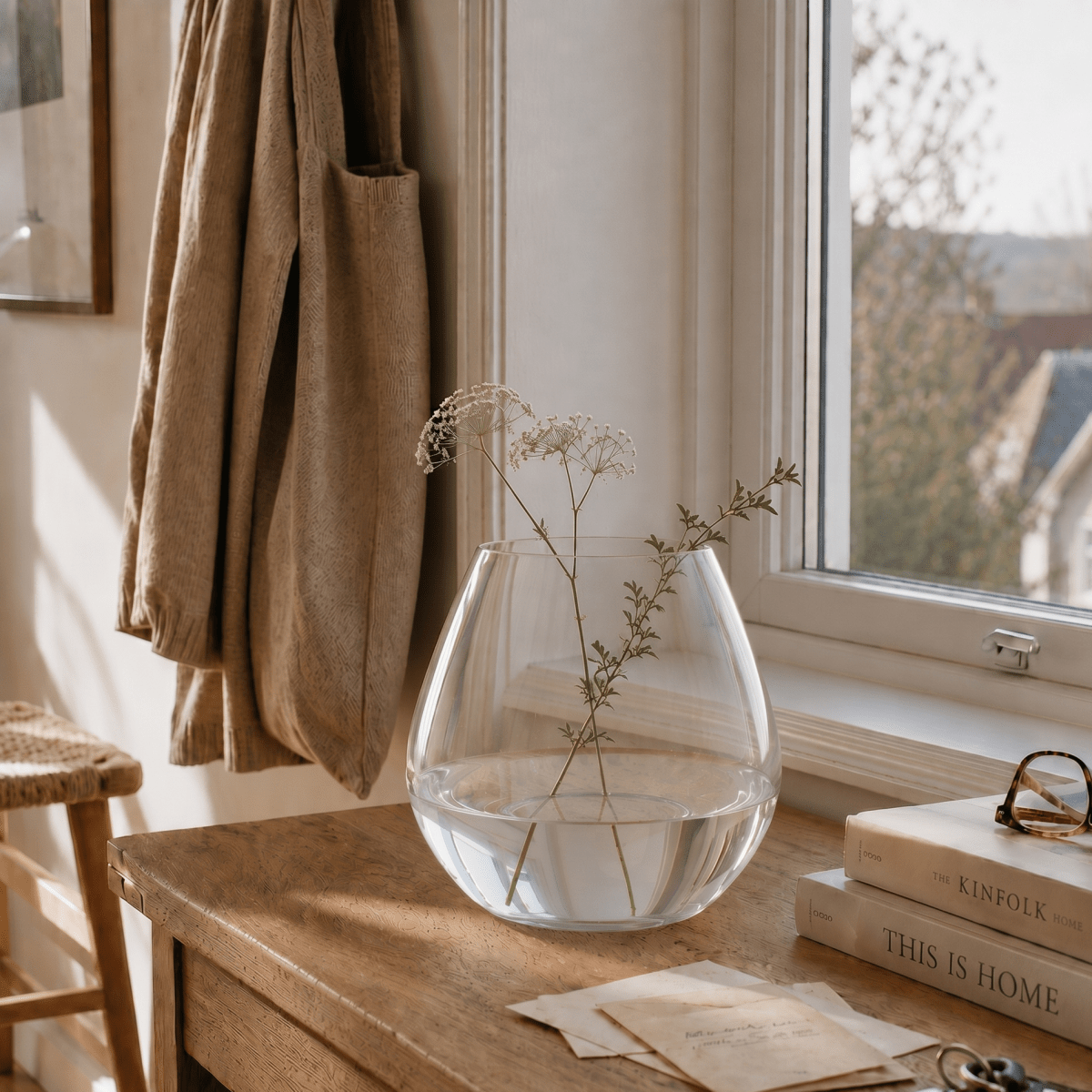 Arja glassvase klar rund på trebord ved vindu med bøker, briller, nøkler og enkle blomster.