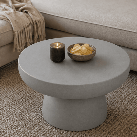 Grått Bonnet soffbord framför en beige soffa, dekorerad med livliga ljus och en skål med potetgull