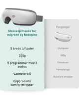 Massasjemaske for migrene og hodepine sammenlignet med forgjenger – 5 brede luftputer, 305g og oppgraderte komfortstropper