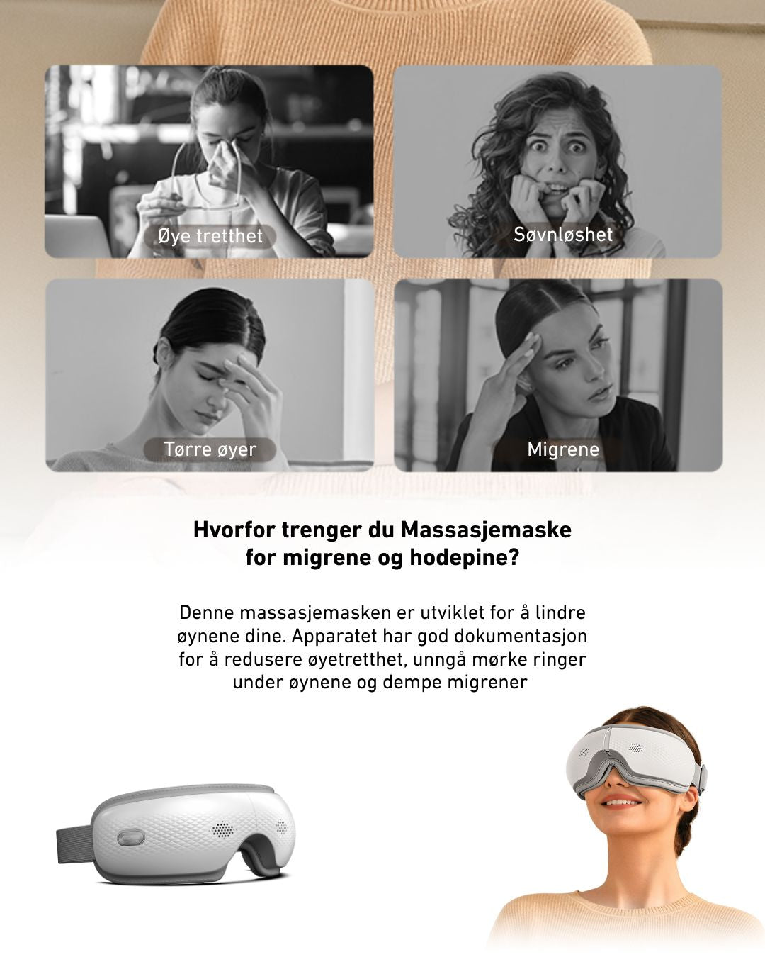 Massasjemaske for migrene og hodepine ved øyetretthet, søvnløshet, tørre øyne og migrene – øyemassasje med varme og kompresjon