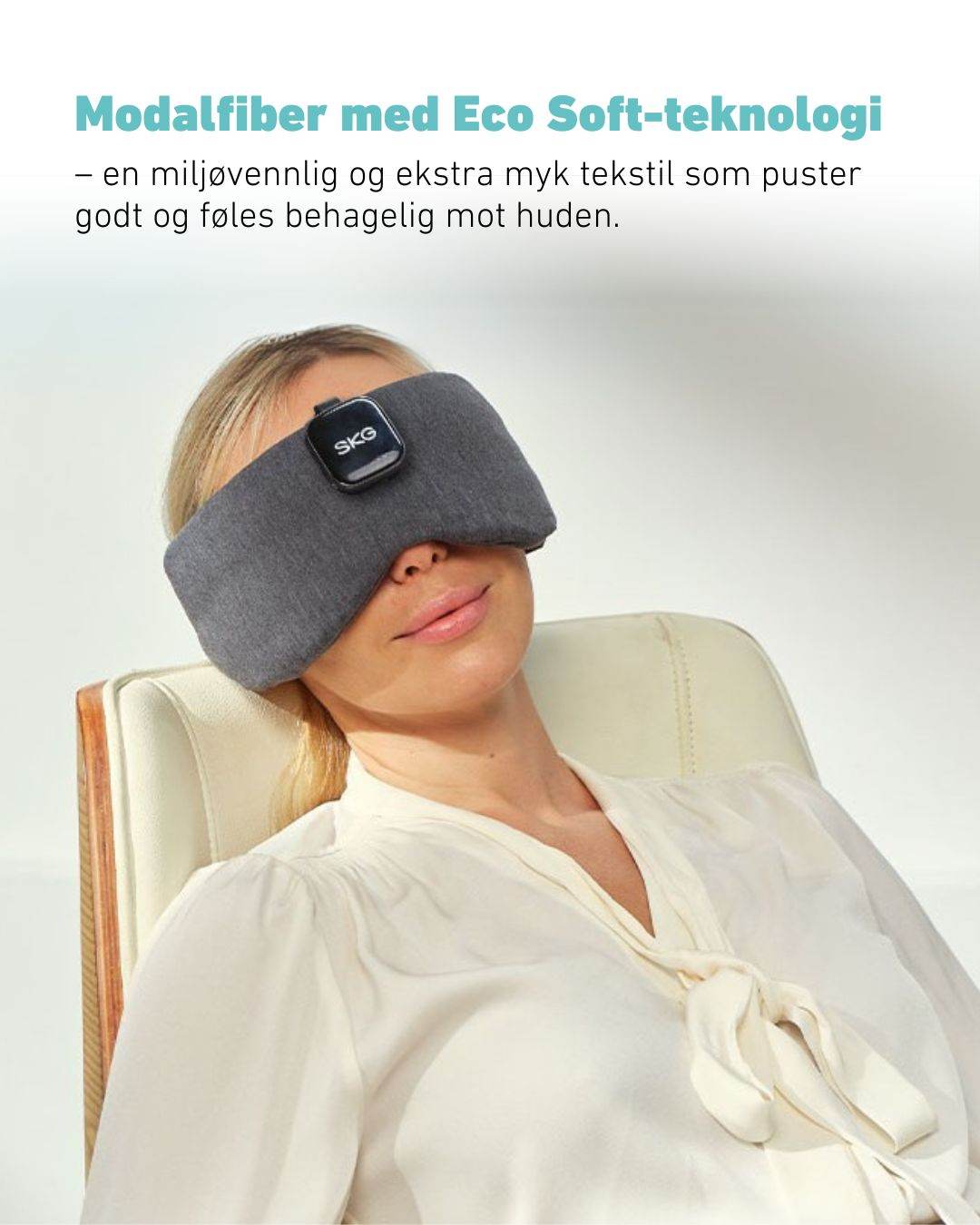 SKG Restore Pro sovemaske laget i miljøvennlig modalfiber med Eco Soft-teknologi som puster og føles behagelig mot huden