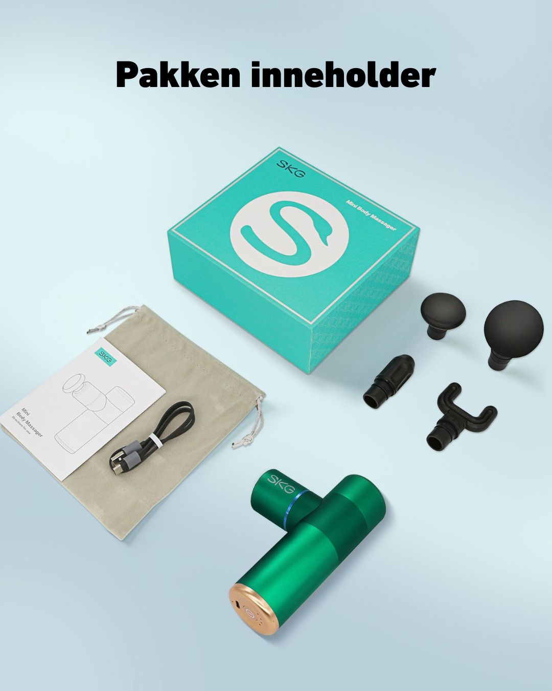 SKG F3-EN massasjepistol med USB-C kabel og fire massasjehoder inkludert