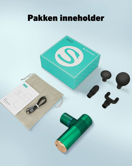 SKG F3-EN massasjepistol med USB-C kabel og fire massasjehoder inkludert