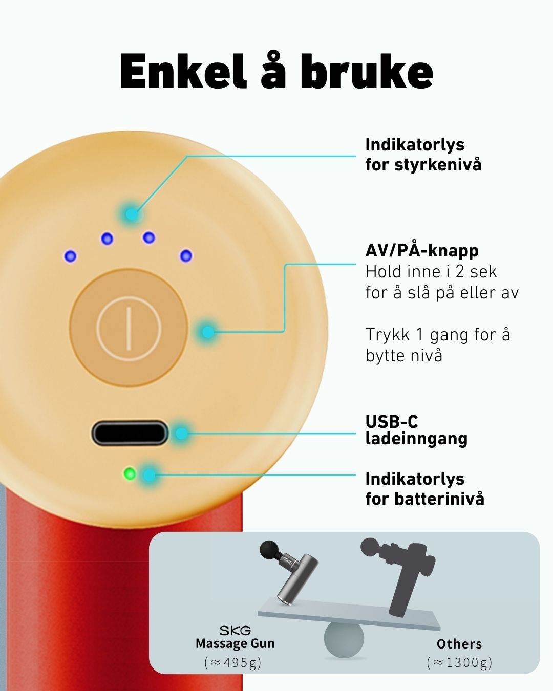 Lett massasjepistol på kun 495 g – enkel å bruke selv uten hjelp