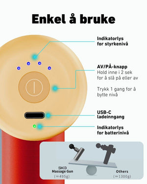 Lett massasjepistol på kun 495 g – enkel å bruke selv uten hjelp