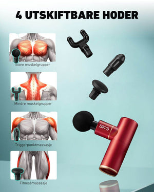 Massasjepistol med fire utskiftbare massasjehoder for nakke, rygg, skuldre og ben