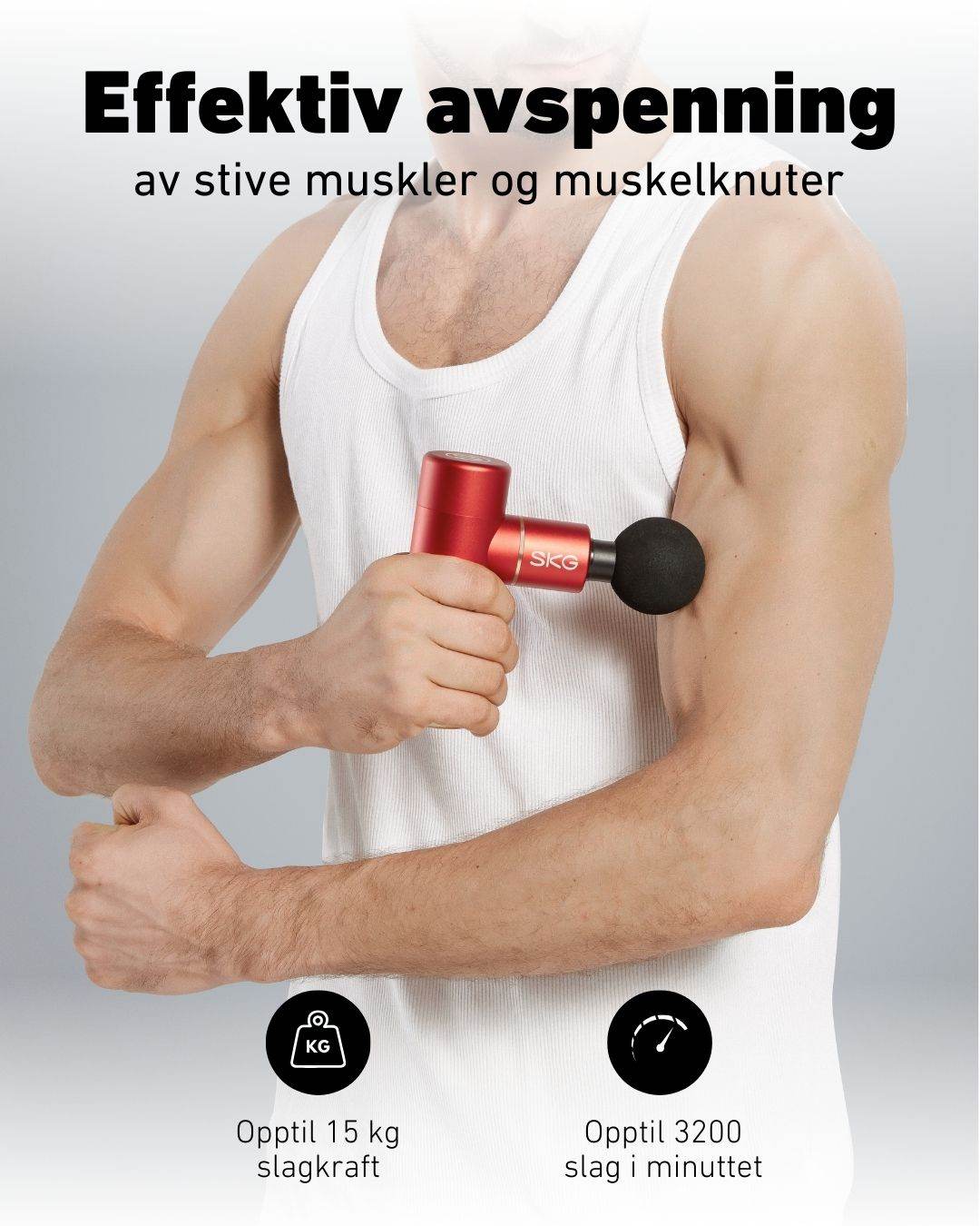 Kraftig mini massasjepistol med opptil 15 kg slagkraft og 3200 slag per minutt