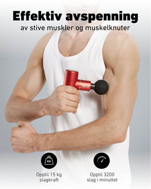 Kraftig mini massasjepistol med opptil 15 kg slagkraft og 3200 slag per minutt