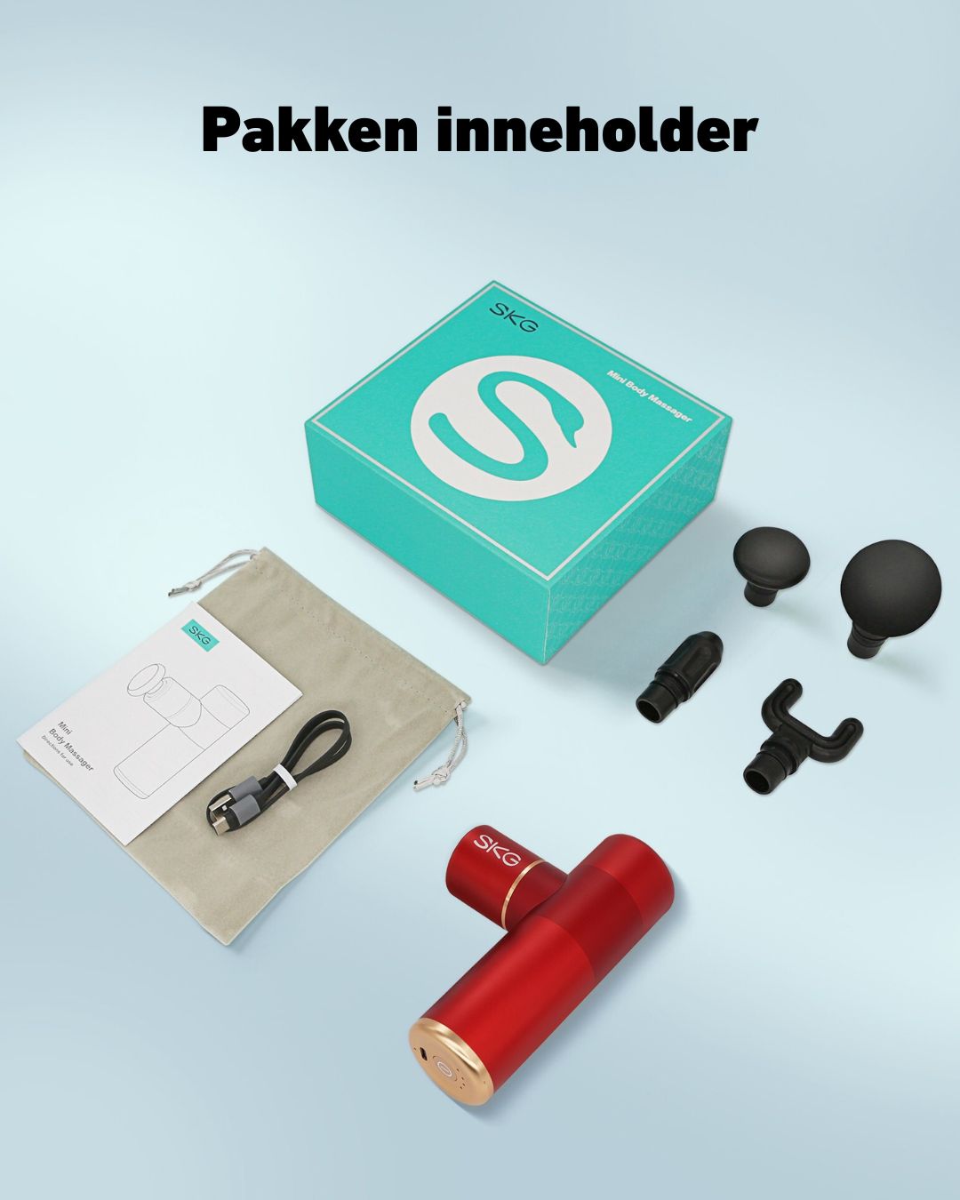 Pakken inneholder SKG F3-EN massasjepistol, fire massasjehoder, USB-C kabel og oppbevaringspose