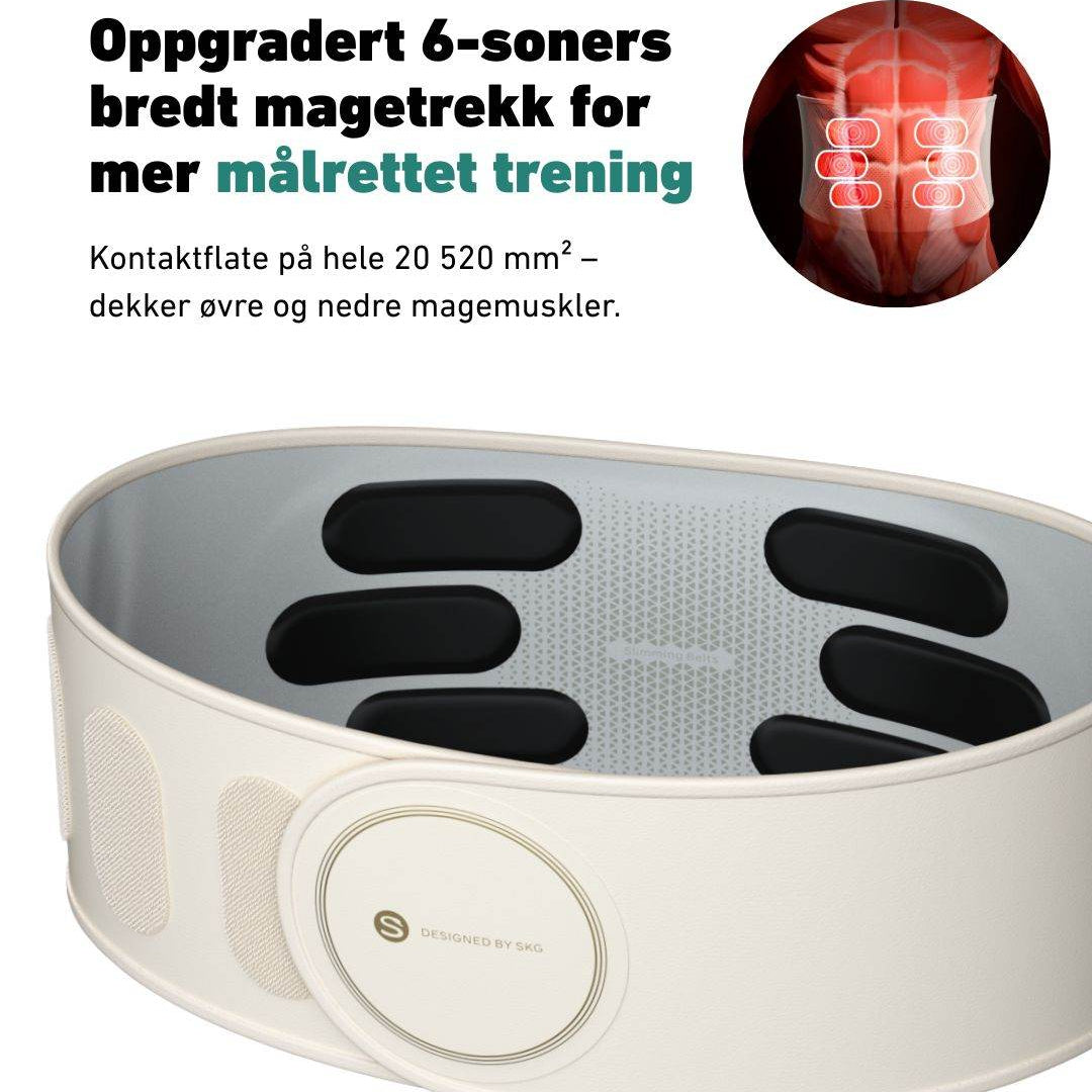 Treningsbelte GS300 med elektroder og justerbare moduser, designet for mageaktivering og avslapping.