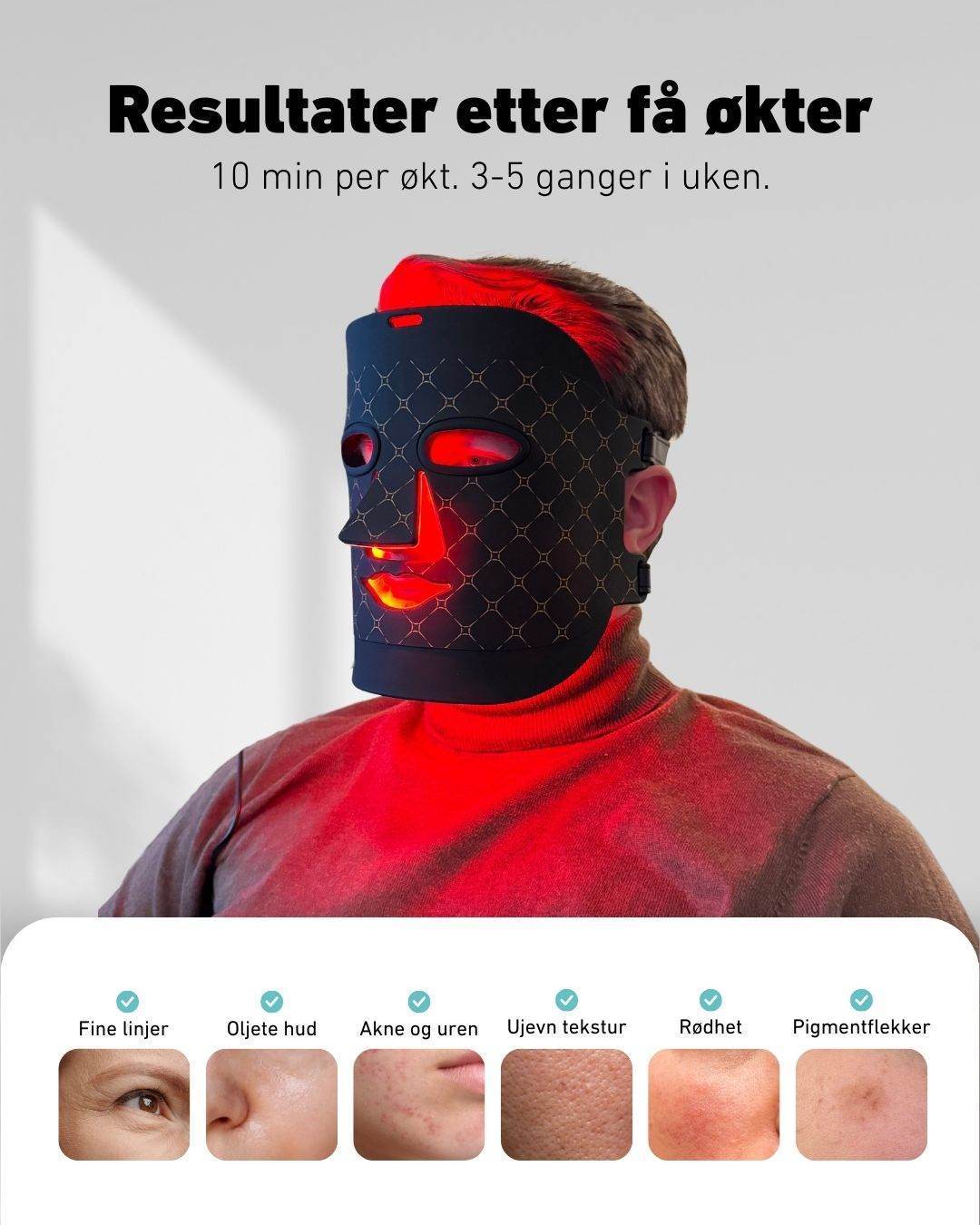 Mann sitter med en svart LED-lysterapimaske som lyser rødt i ansiktet. Tekst øverst: ‘Resultater etter få økter – 10 min per økt, 3–5 ganger i uken’. Nederst vises hudproblemer masken kan hjelpe mot: fine linjer, oljete hud, akne og uren hud, ujevn tekstur, rødhet og pigmentflekker.