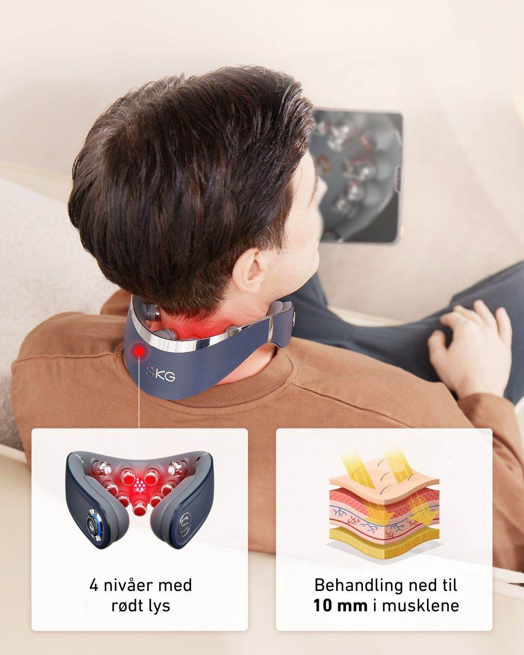 Mann som bruker SKG G7 Pro Fold nakkemassasjepude med rødt lys og varmebehandling. Viser 4 nivåer av rødt lys og behandling som trenger 10 mm inn i muskulaturen for effektiv lindring av nakkesmerter.
