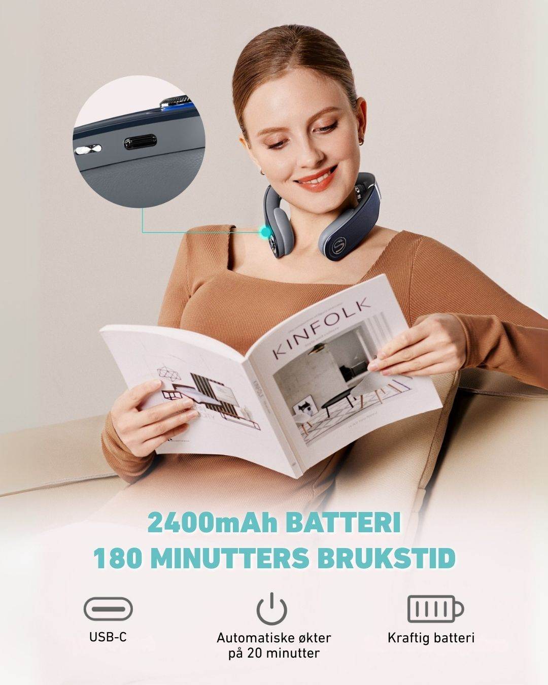 Kvinne leser mens hun bruker SKG G7 Pro Fold massasjeapparat med 2400mAh batteri og 180 minutters brukstid. Viser USB-C-lading, automatisk 20-minutters økt og 3,5 timers ladetid.