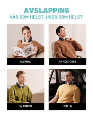 Fire livsstilssituasjoner der SKG G7 Pro Fold brukes: hjemme, på kontoret, på arbeid og i bilen. Viser hvor fleksibel og bærbar massasjebehandlingen er for hverdagsbruk.