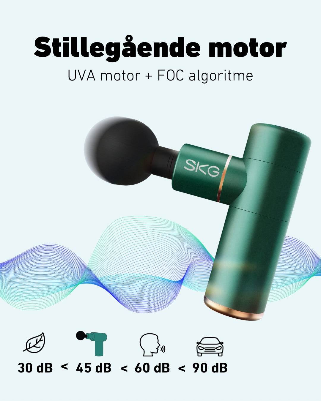 Stillegående massasjepistol under 44 dB med UVA motor og FOC algoritme