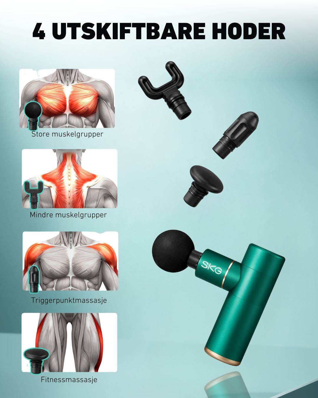 Fire utskiftbare massasjehoder for nakke, skuldre, rygg og ben