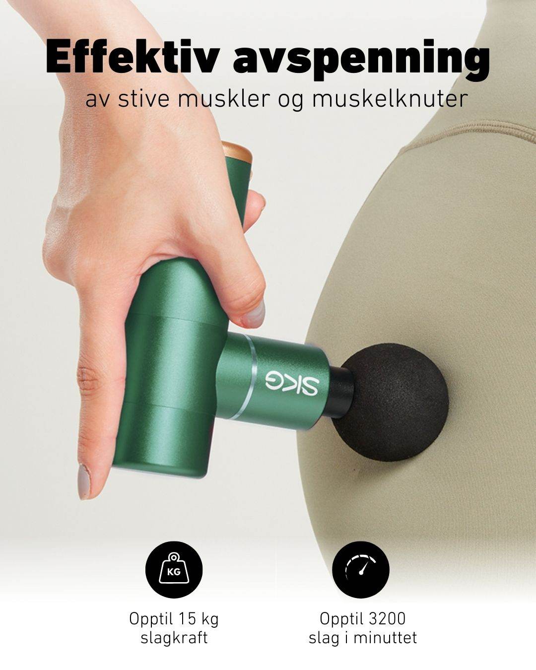 Massasjepistol med 15 kg slagkraft og 3200 slag per minutt for muskelknuter