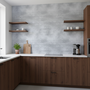 Betonggrå dekorfolie anvendt på vegg - miljøbilde med industriell betongeffekt