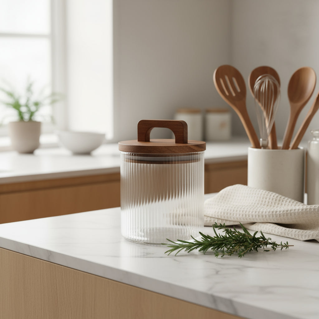 Glasskrukke med lokk i tre – 10×13 cm, 550 ml med kjeks